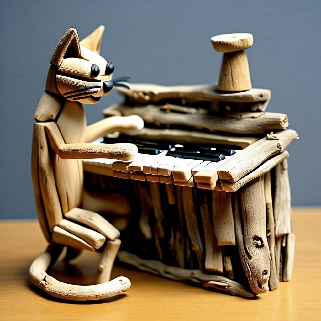 Driftwood cat playing the piano.