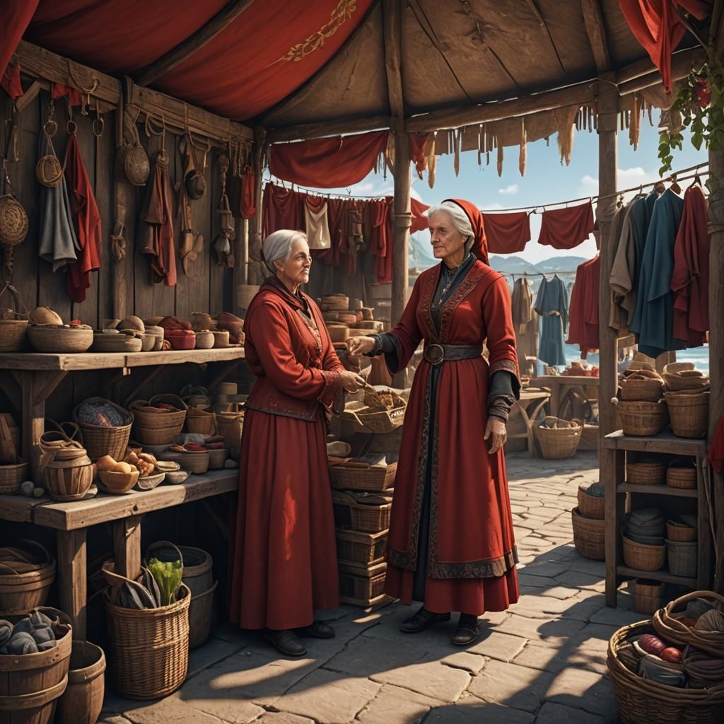 Medieval older lady shopkeeper in a red dress at  a Seaside ...