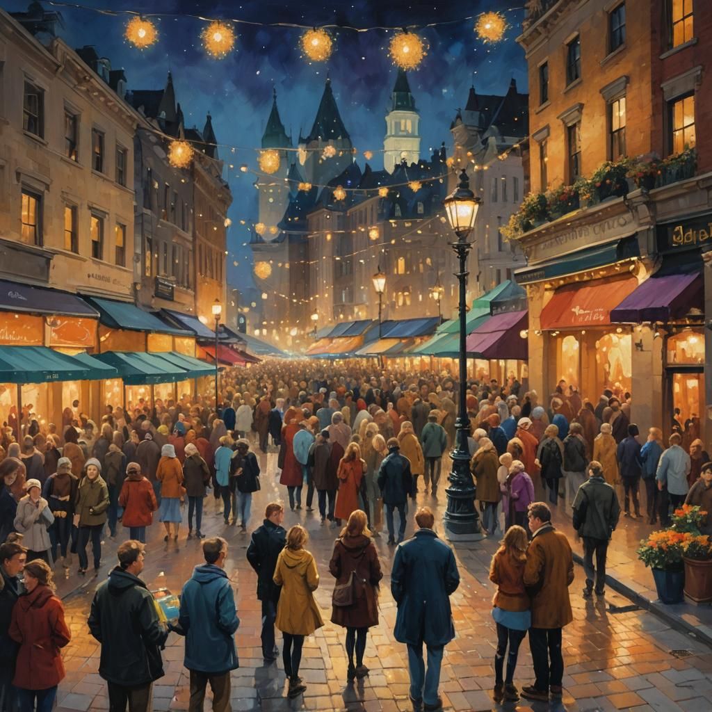Masterpiece reimagined using vibrant colors, subtle shadows, and fairy lights. Still photo of night life
