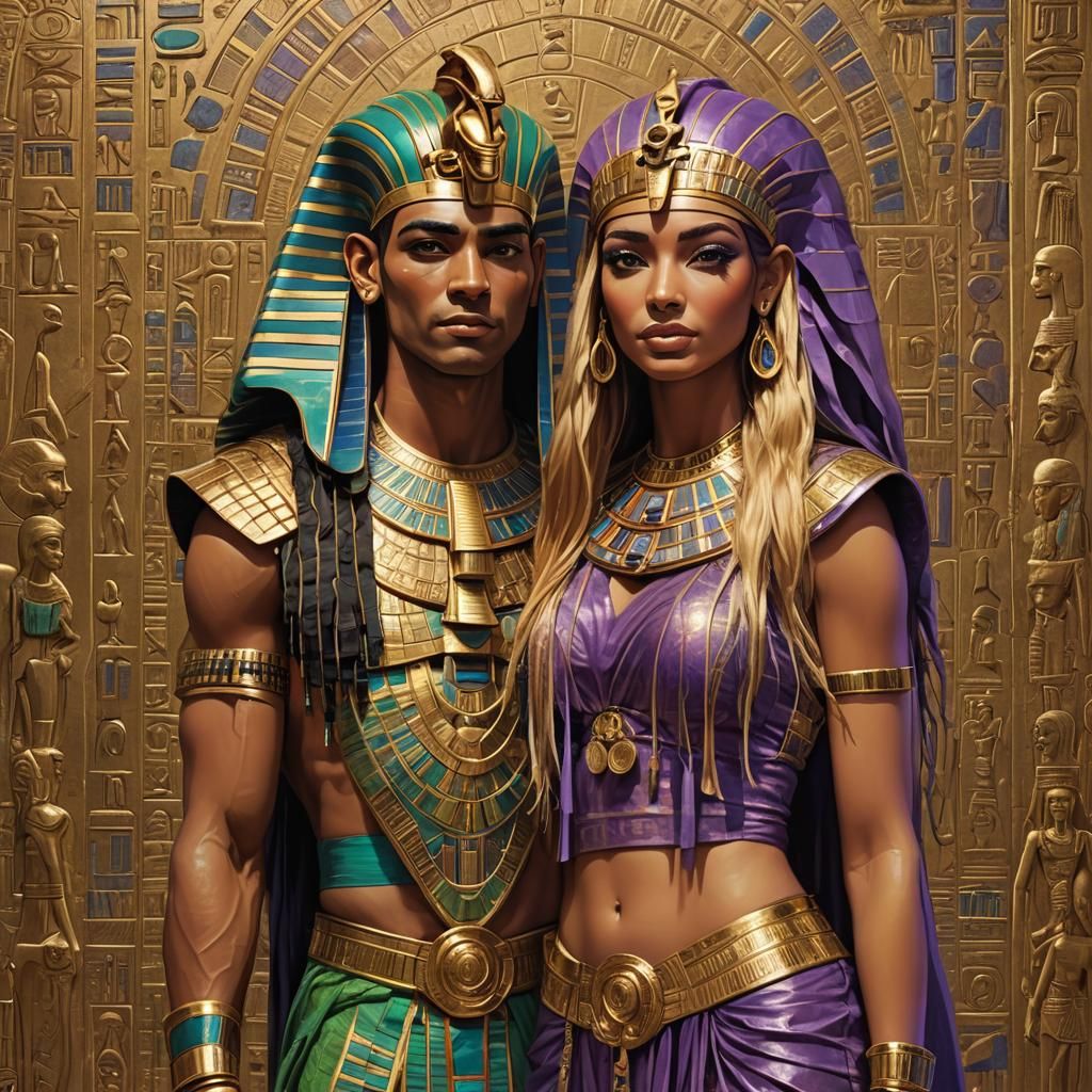 an Egyptian pharaoh and a very beautiful girl with long gold...