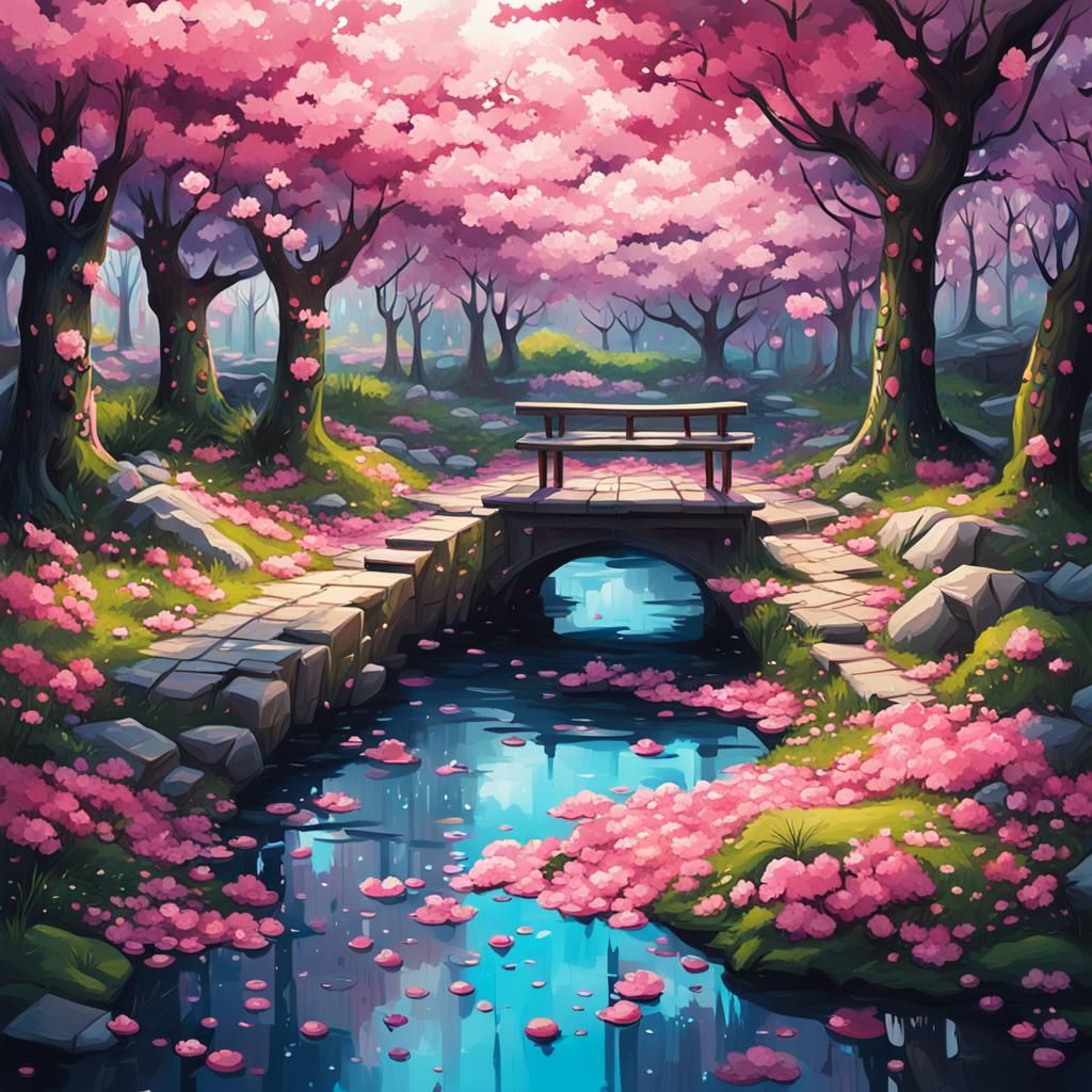 a garden full of lush fallen cherryblossoms