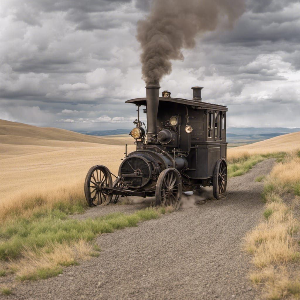 a steam powered passenger car on a gravel road on the Palouse AI