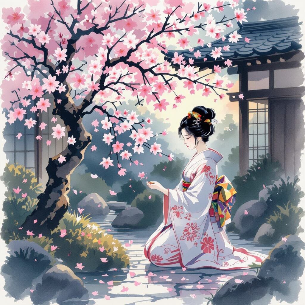 A serene shougun tending to a blooming sakura tree in a hidden Kyoto garden, bathed in the soft glow of twilight. Delicate painterly strokes...