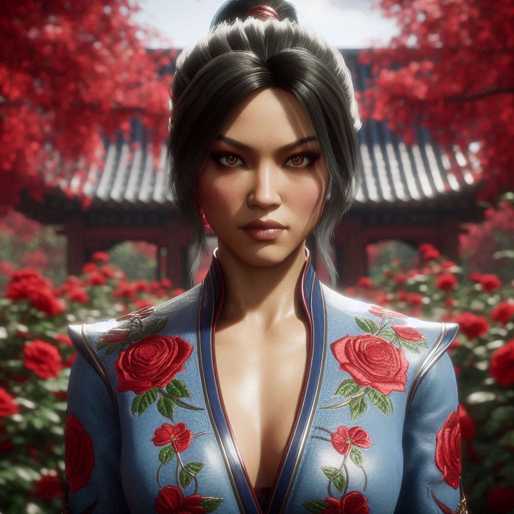 Princess Kitana at a Japanese rose garden