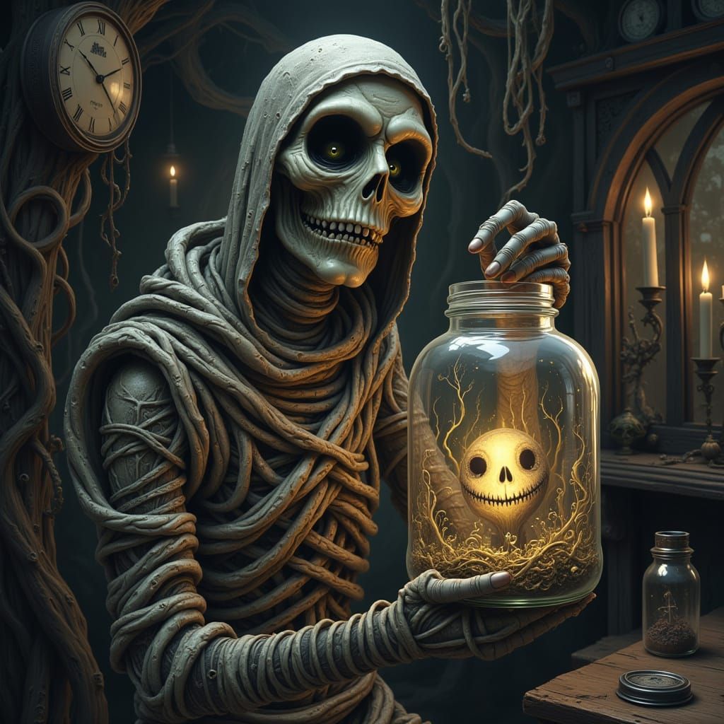 a creepy mummy in a wicked room, holding a glass jar with Tim Burtons Jack Skellington inside, <lora:Creepy Stuff:0.45>