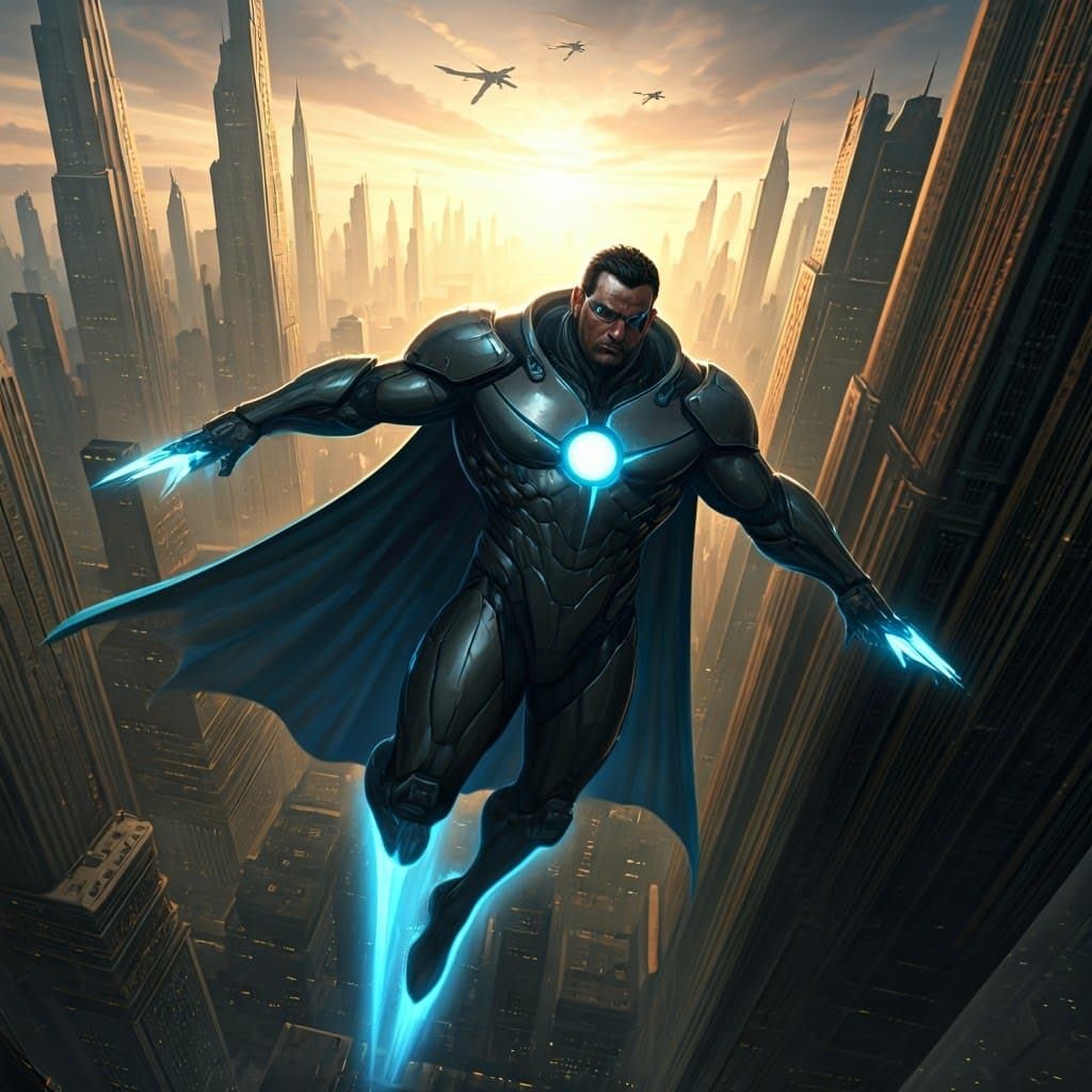 Captain Cretacious flies over the city.
