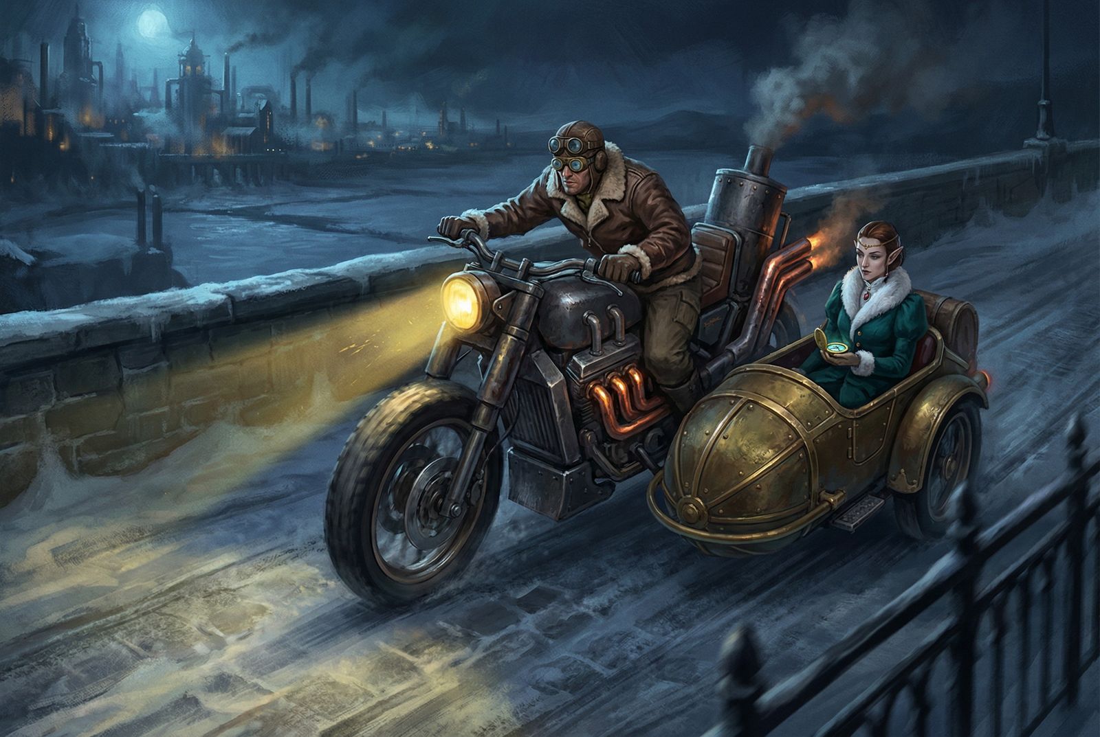 Steampunk motorcycle with a sidecar