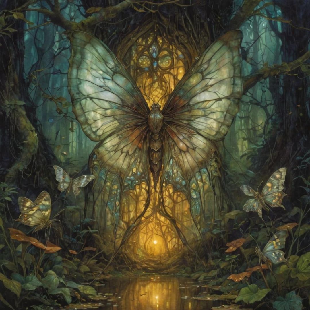 16k resolution, art by Yoshitaka Amano and Brian Froud. Ethereal moths ...