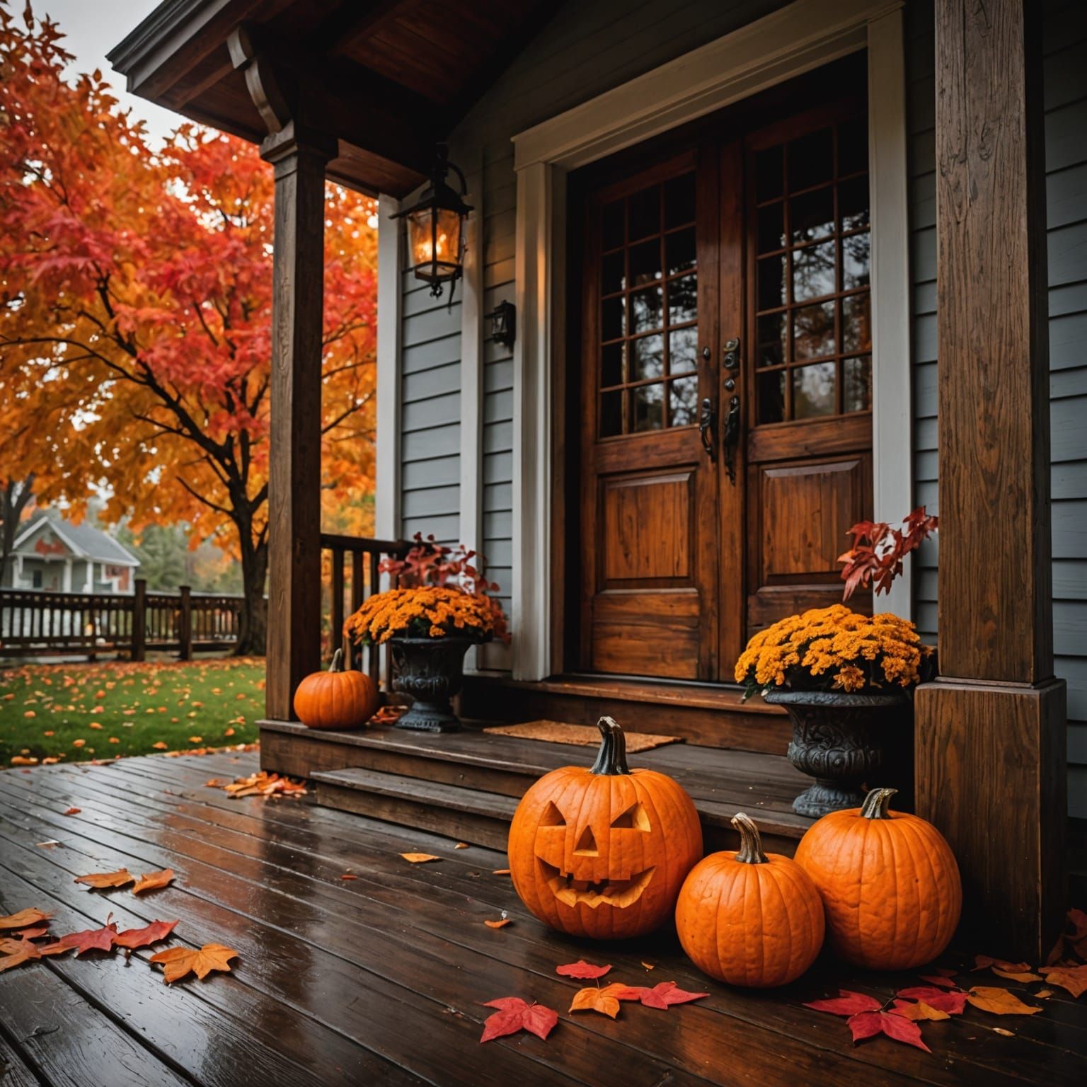 autumn, warm rain, wooden porch, carved pumpkin lantern, orange and red leaves, cozy 