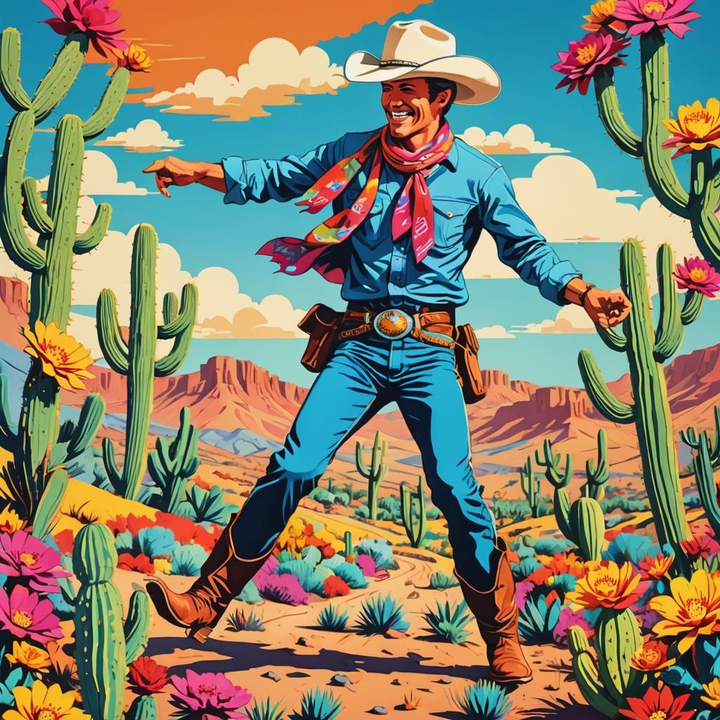 Cowboy Dances in a Desert Pop Art Landscape