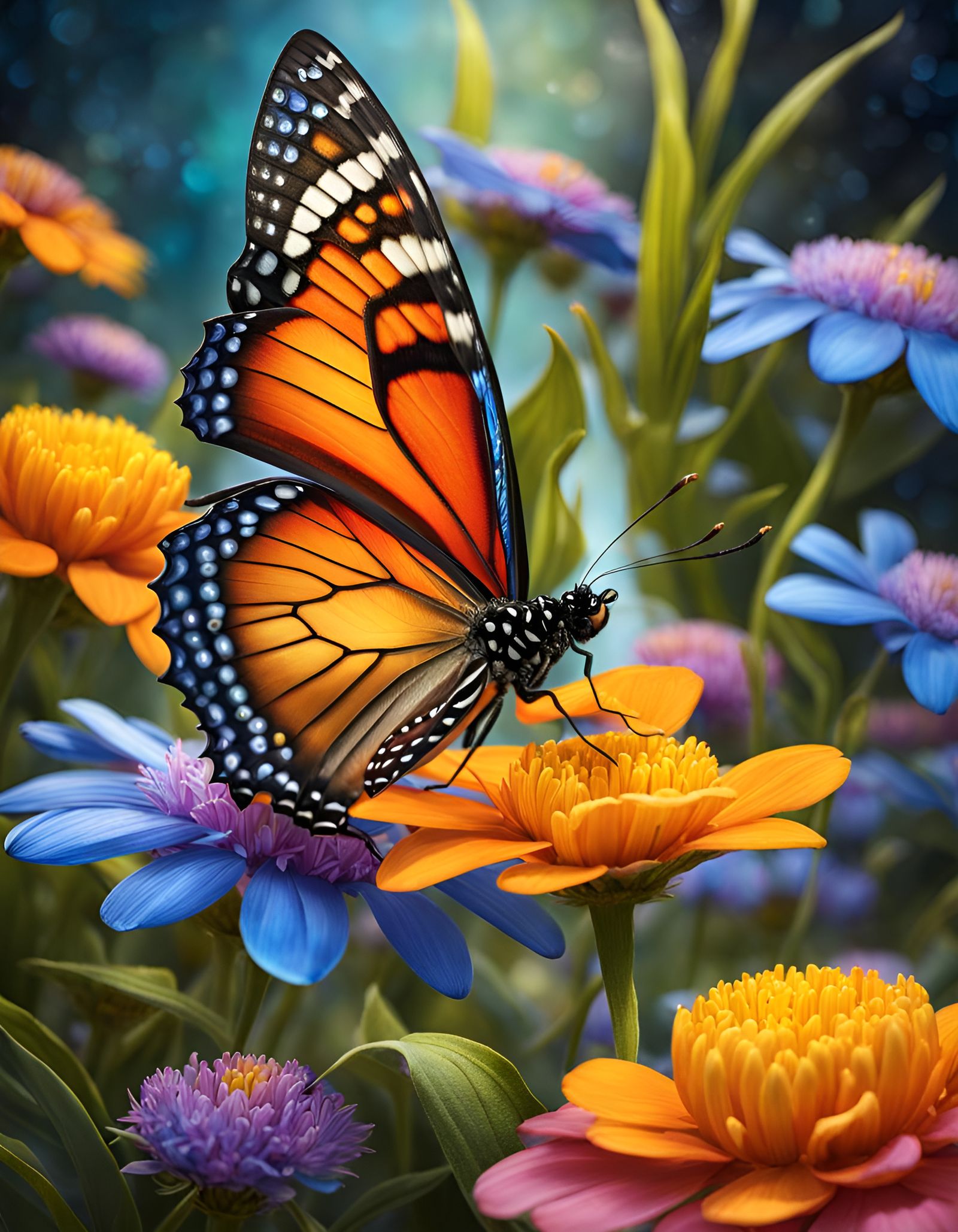 bright colorful butterfly and flowers