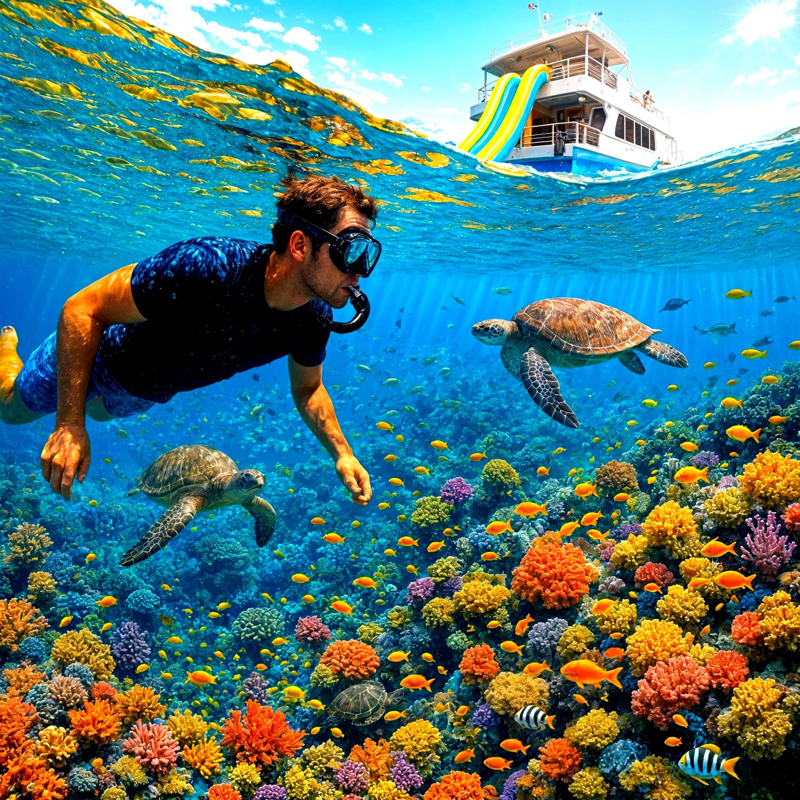 Snorkeling in Hawaii, the boat had a slide and other watersp...