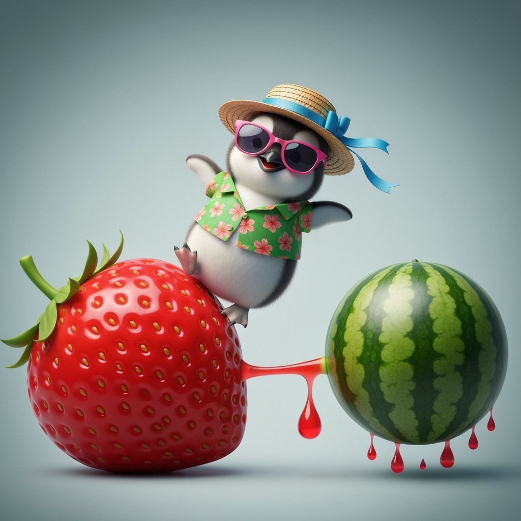Penguin's Joyful Dance on Strawberry Watermelon