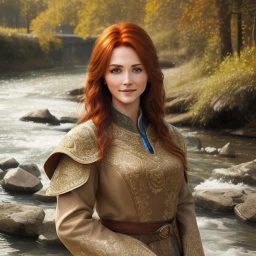 <lora:Face Add on:1.0>beautiful woman standing by river, gentle smile, brown hair, 