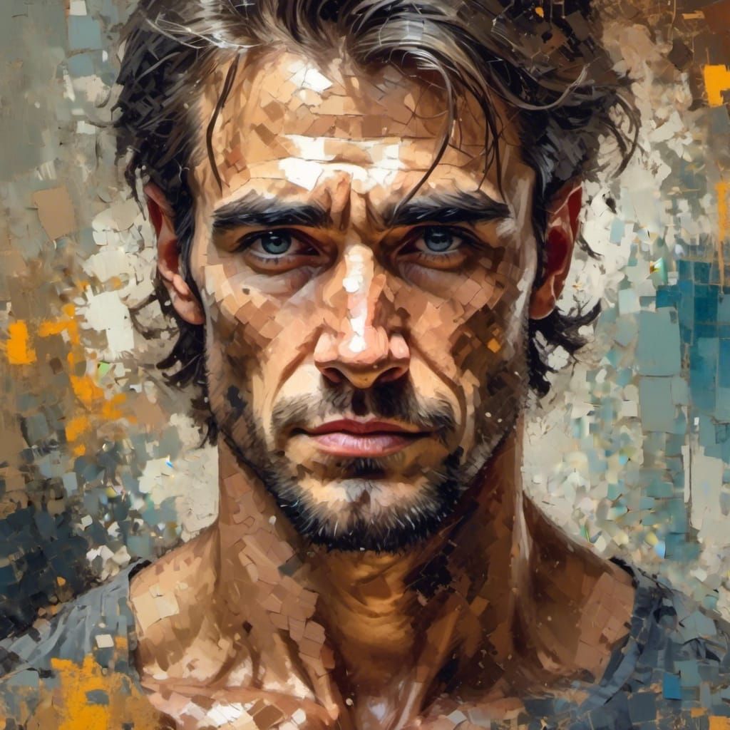 <lora:DistressedPixelation:1.0> A handsome man, head and shoulders portrait, muscled, smolder