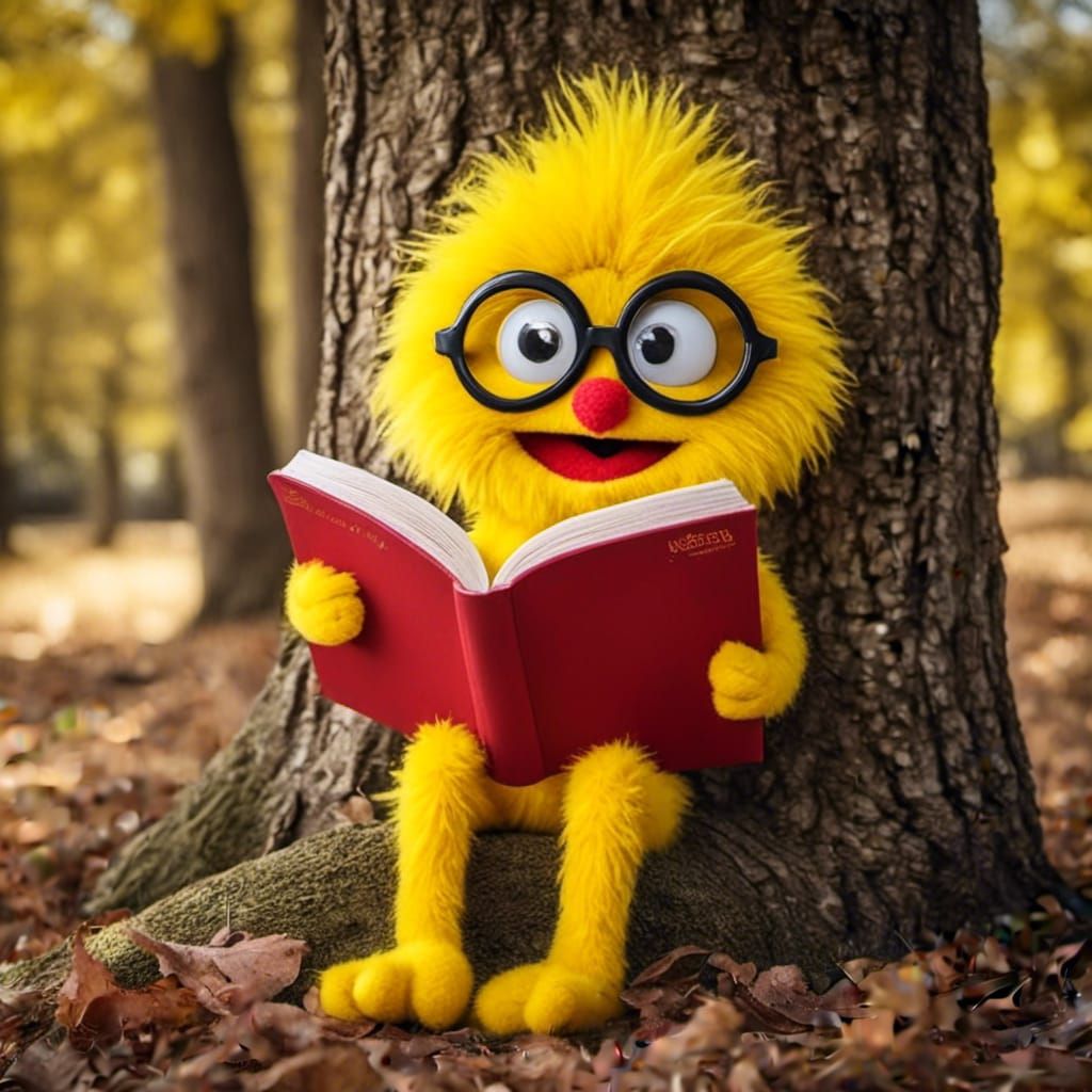 <lora:Fluffmuppets:1.0>  A extremely cute fuzzy yellow person, extra big eyes, sitting under a tree, reading a red fuzzy book. 3D effect. ph...