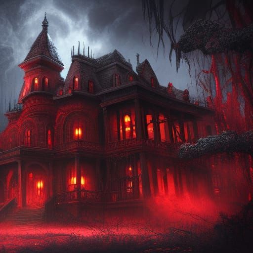 scary haunted mansion of the devil bathed in red blood - AI Generated ...