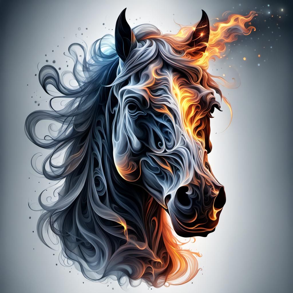 Horse head made of smoke and fire,  hyperrealistic sparkling epic creation  by @HarrietM