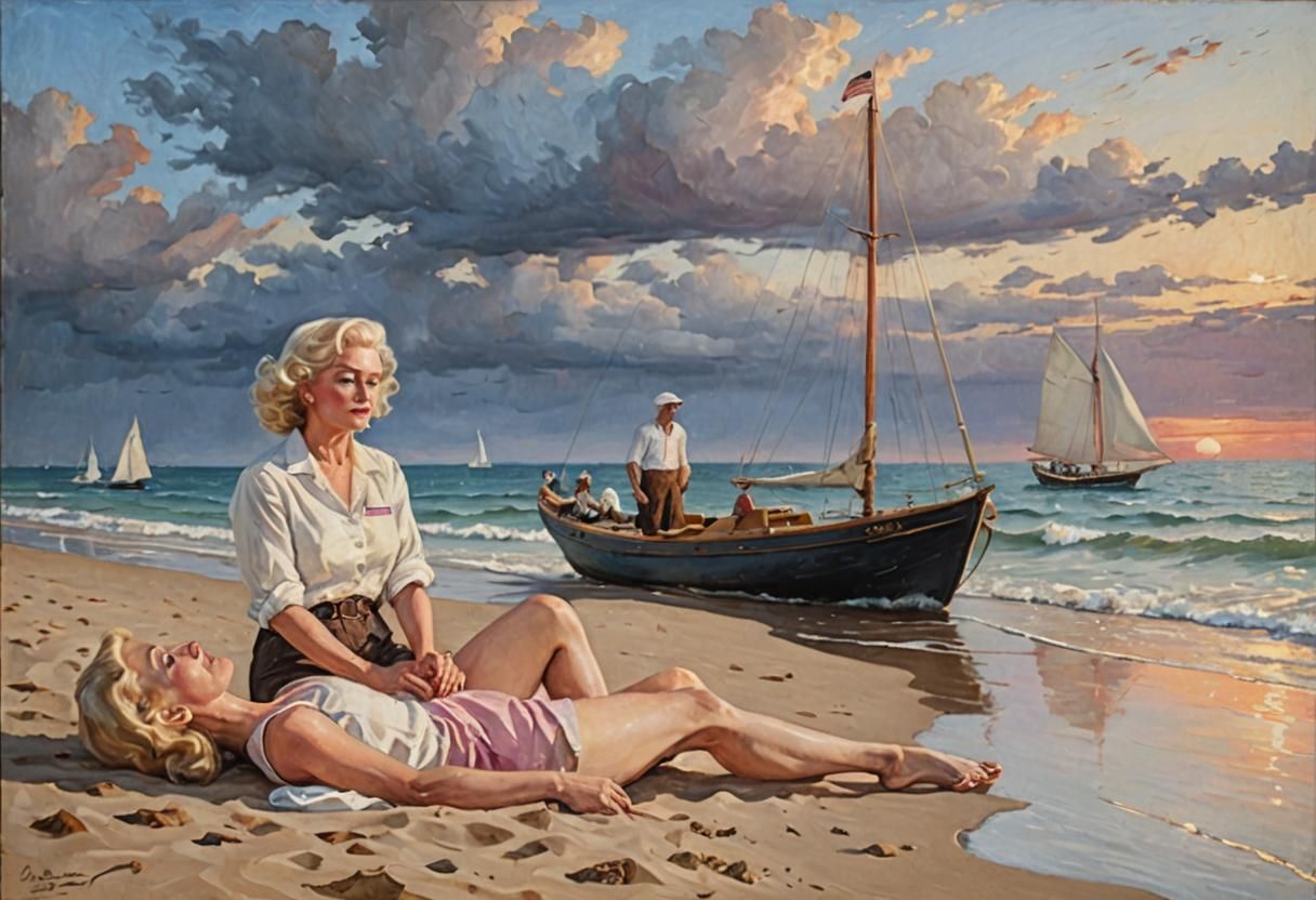 It was time to scatter stones, and it was time to gather stones. An old seaman is sadly looking to a woman. Man  white beard, wear polo. Fem...