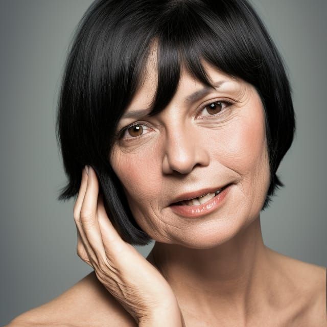 beautiful woman in her fifties, dark black hair in a bob cut...
