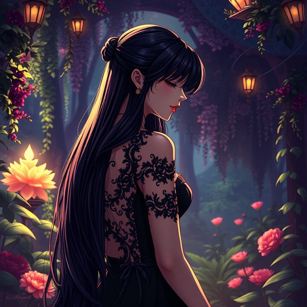 Elegant Woman in Gothic Dress in Anime Style Garden