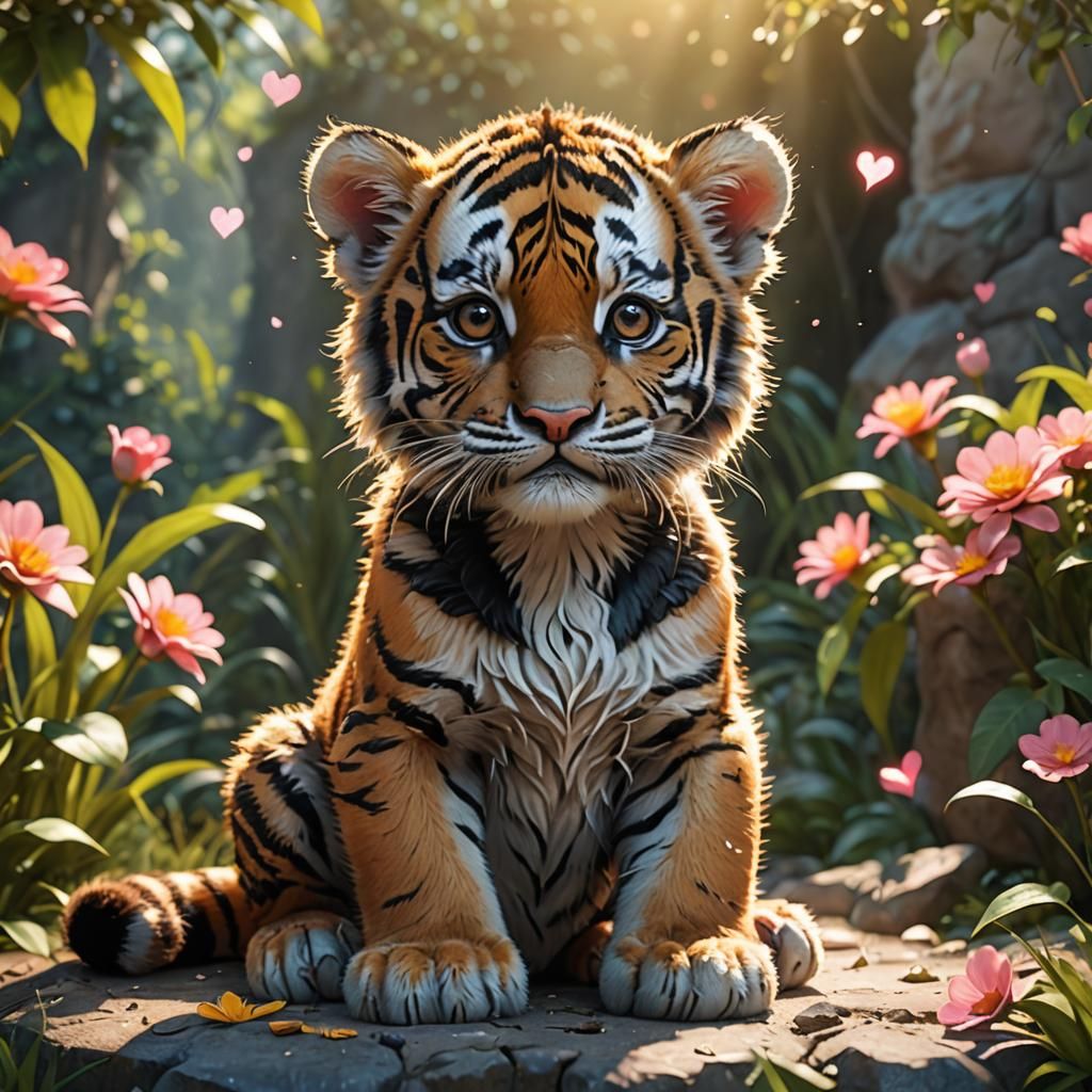 adorable baby tiger looking cute, sitting in sunshine, hearts in the eyes, comic style,