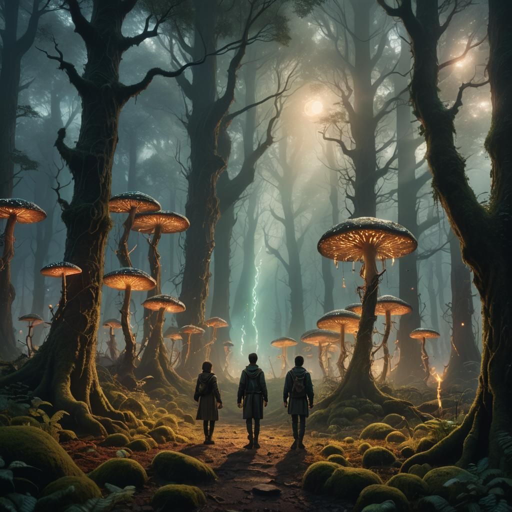 Mystical Forest Edge with Glowing Runes and Mushrooms