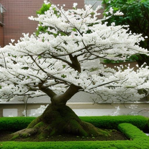 White blossom bonsai cherry tree with gnarled trunk, white f...
