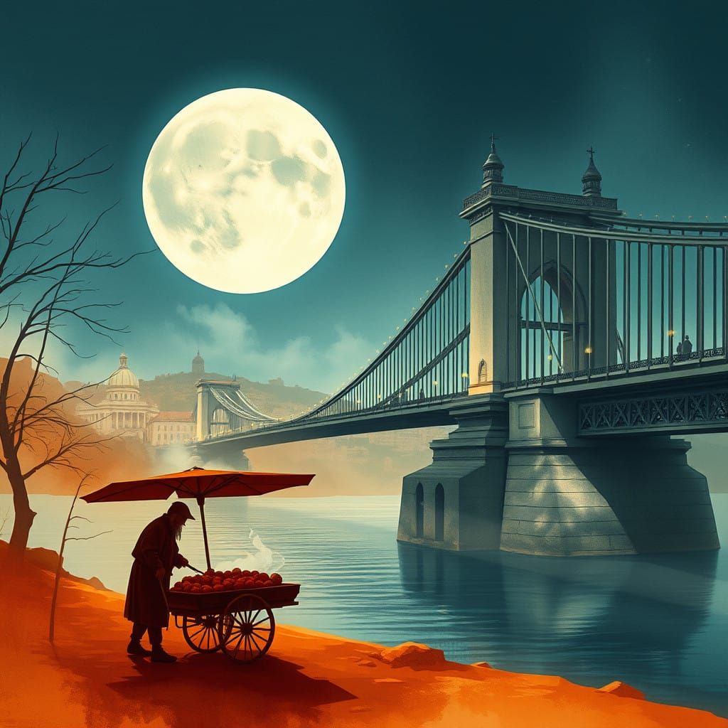 Dreamlike Ukiyo-e Inspired Scene with Moonlit Bridge and Riv...