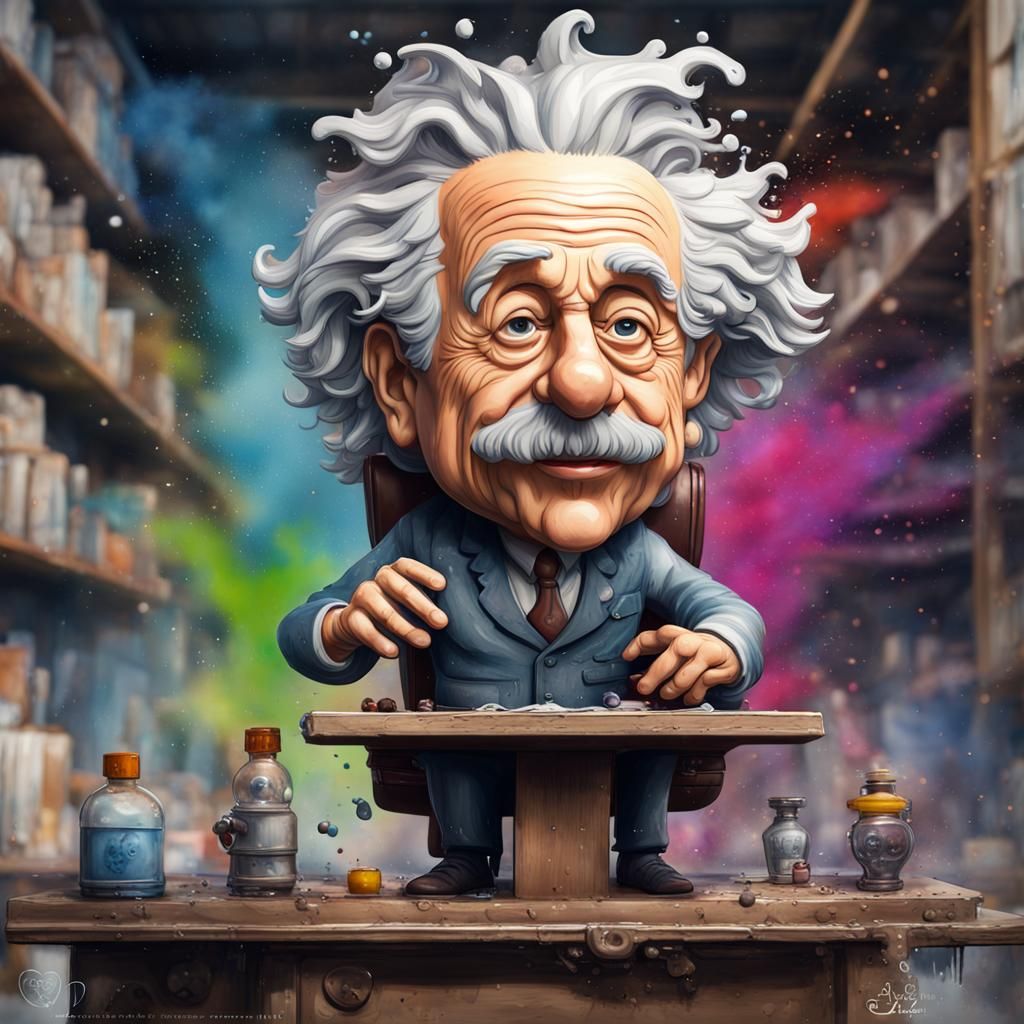 Watercolour splash,  graffitti art,  Einstein bobblehead on workstation, bobblehead, big head, small ...  by @Feebleeona