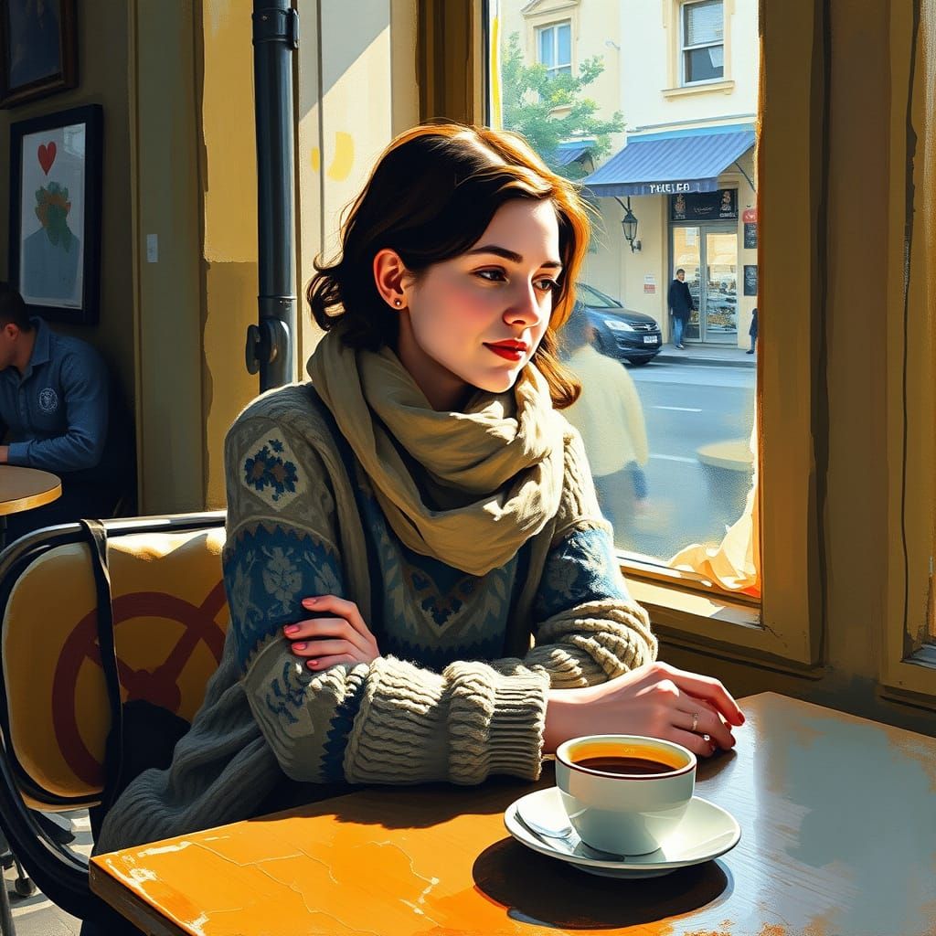 Gouache painting. Medium shot. A contemplative woman sits at a cafe table, a half-finished cup of coffee in front of her. Sunlight streams t...