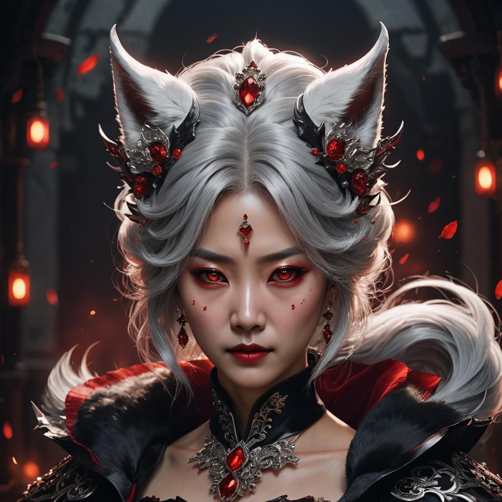 korean lady silver hair black dress red crystals white fox e...