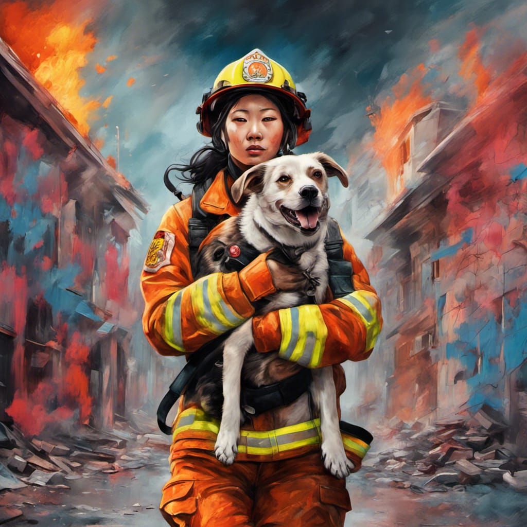 Firefighter saving a dog from burning building  by @iAmDaddyRandy