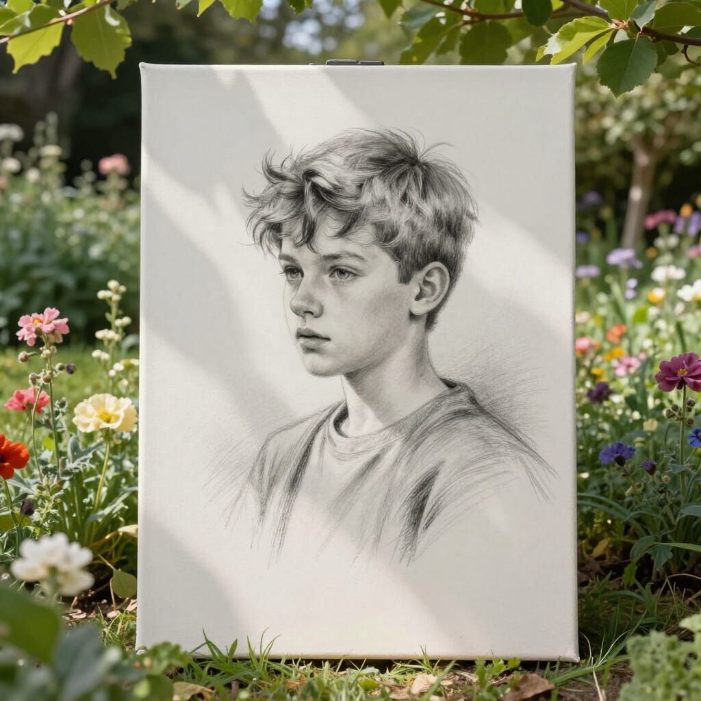 Boy's Sketch on Canvas in Monet-Inspired Garden