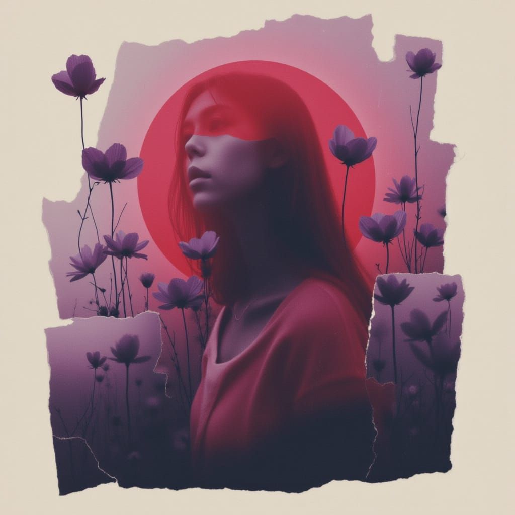 collage lo-fi <lora:BleakBeauty:1.0> --profile i7vqu5z, ``fragmented `...  red, lavender, silhouettes, overlapping flowers, overlapping suns...