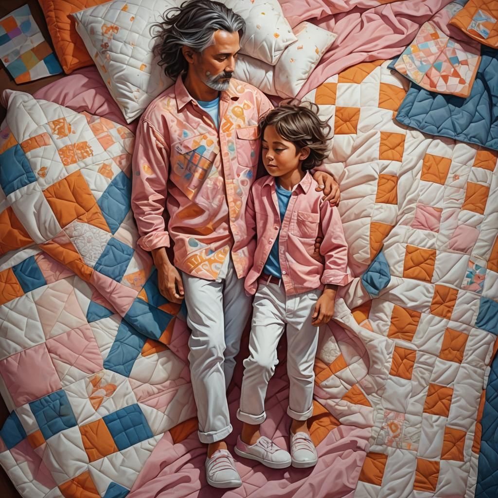 Cozy Oil Painting of Father Comforting Child at Bedtime