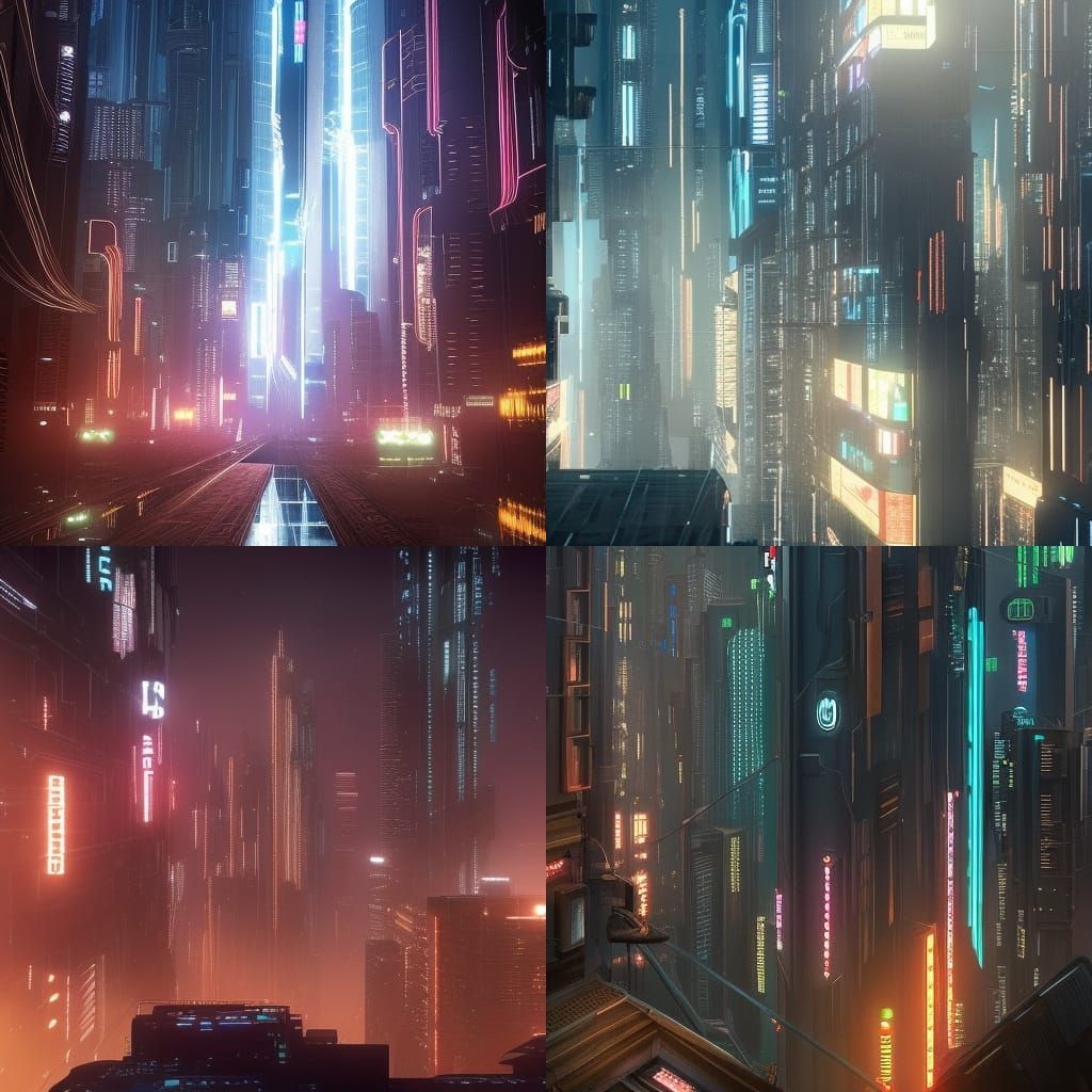 Electricity eminating from buildings in a future cyberpunk t...