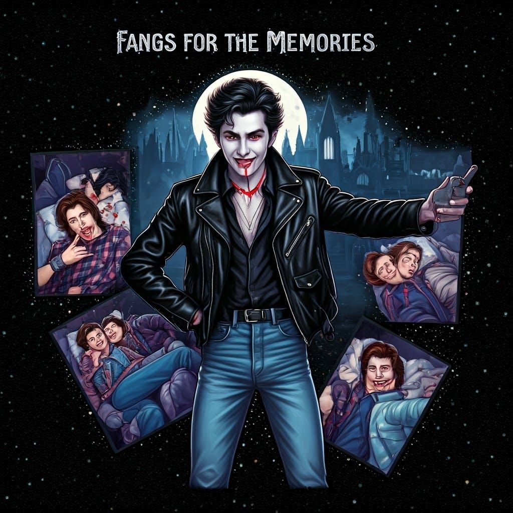 title at the top of a 90's style scrapbook page in shimmering silver text reads "Fangs for the Memories." page is black with silver glitter ...