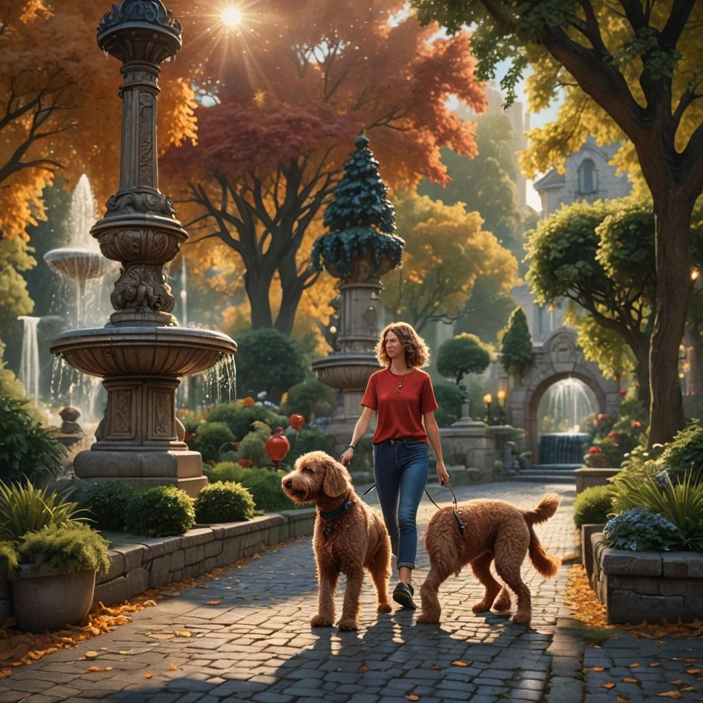 A cute labradodle dog walking on a cobblestone path with its...