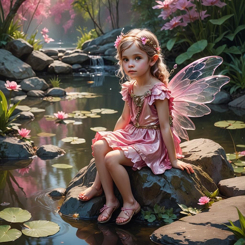 Adorable little fairy dressed in pink sitting on a rock by a...