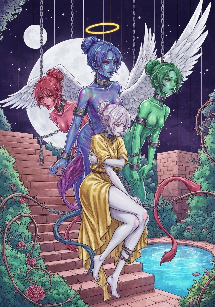 2d, anime key visual, imprisoned, dynamic pose, mature female, metal skin, iridescent, fantasy, colored skin, reflective...