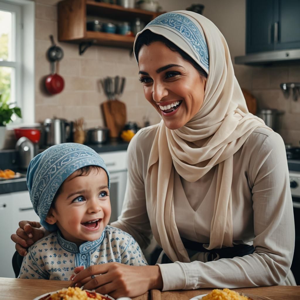 A beautiful Muslim woman looks very happy joking with her 3 year old ...