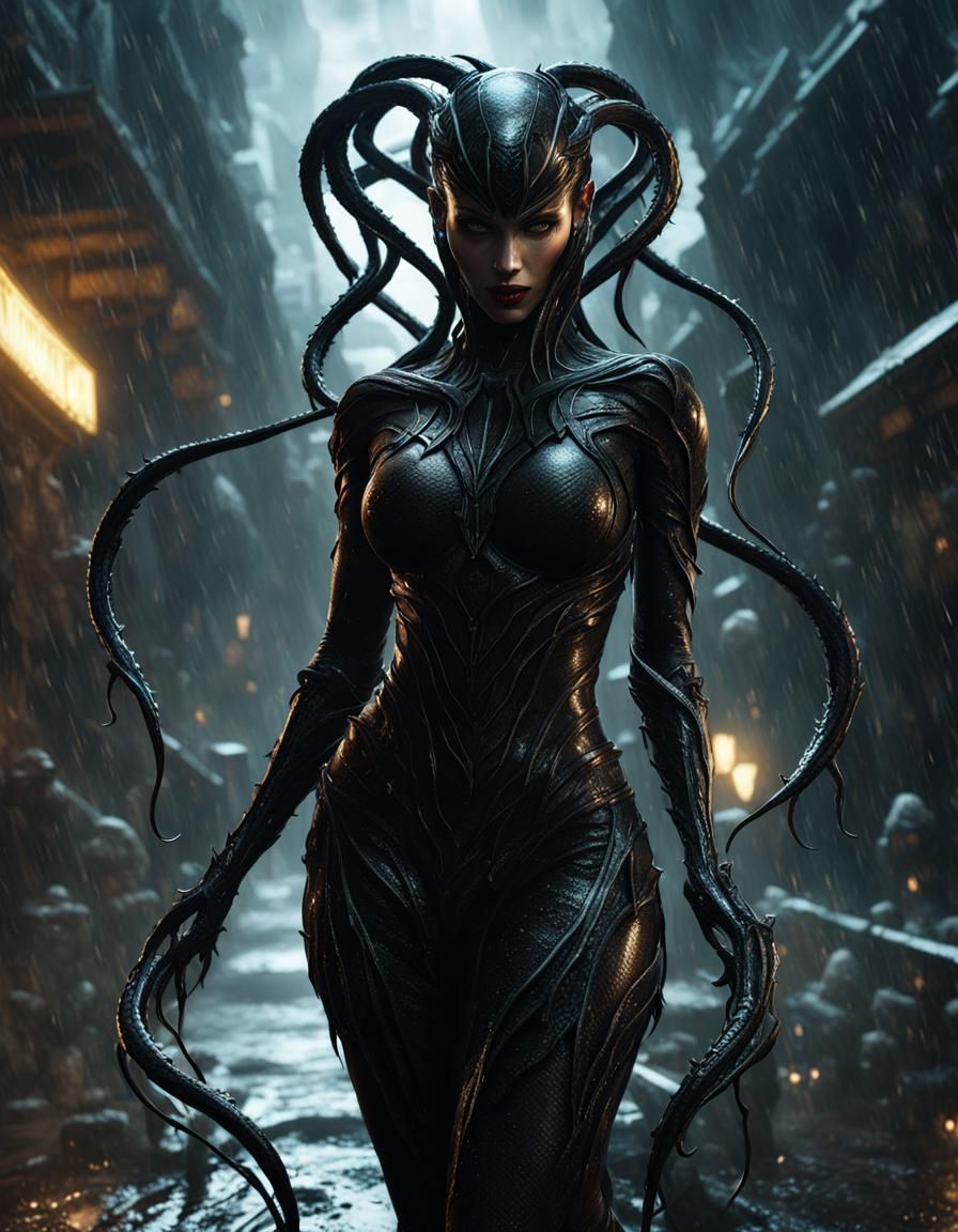 terrifying female symbiote with fangs, full body view, slime, rain ...