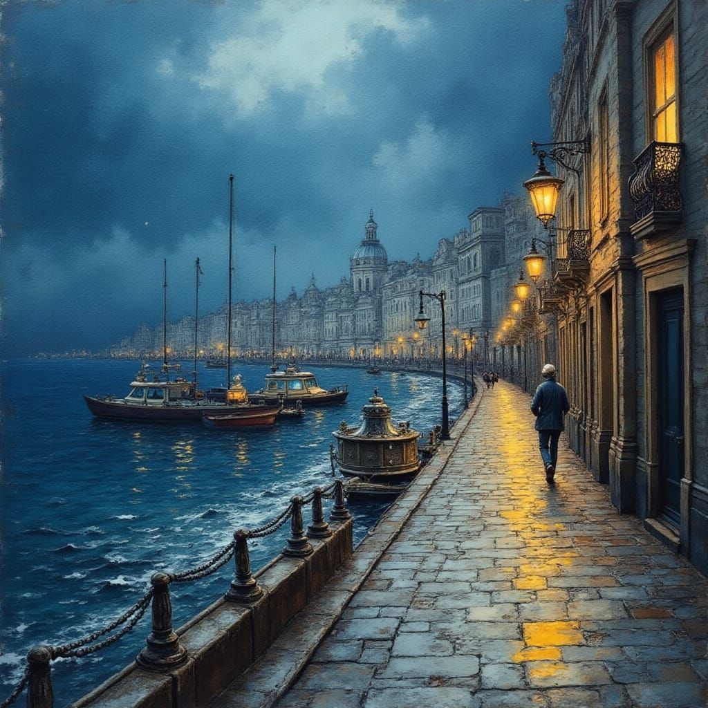 <lora:bildraum:1.0> Promenade along the night embankment of the southern coastal city. the wet surface gleams with silver. Medium shot. alco...