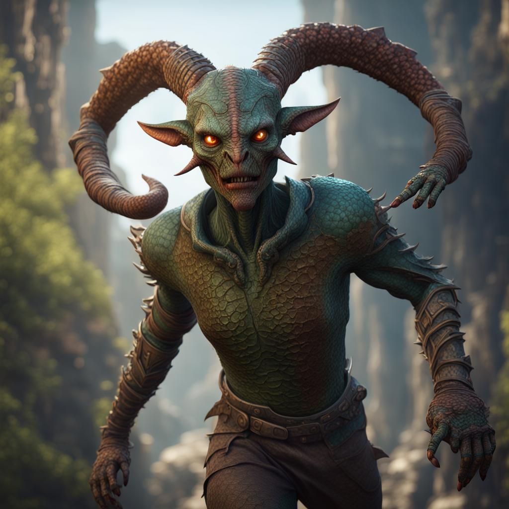 a humanoid with reptile skin, and small horns running down b...