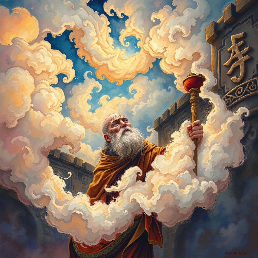 Contemplative Monk in Dreamlike Gouache and Watercolor Scene