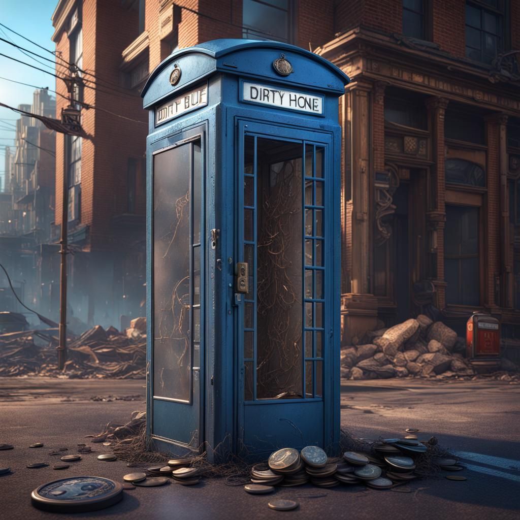 standing next to an American dirty blue broken phone booth  ...