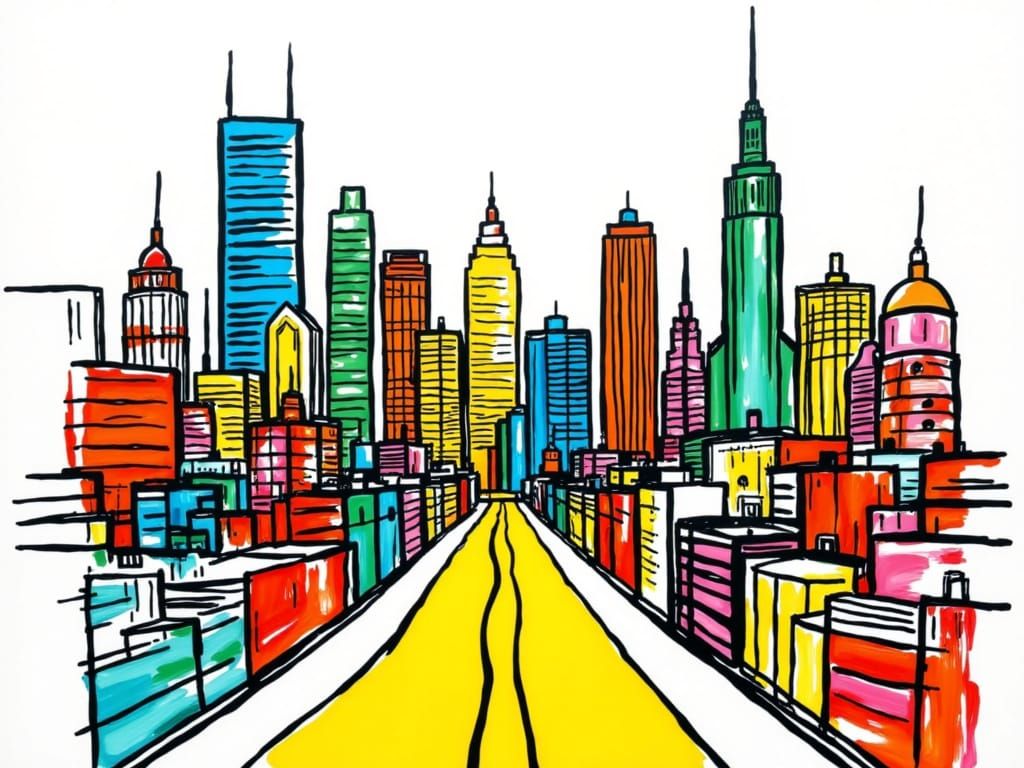 a bustling city scene, colorful, abstract, minimalism, line drawing <lora:Abstract minimalism:1.0> 