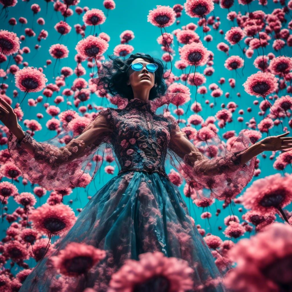 transparent woman flying in the air big black eyes showing universe wearing transparent dress flowers underneath pink skin color with neon b...