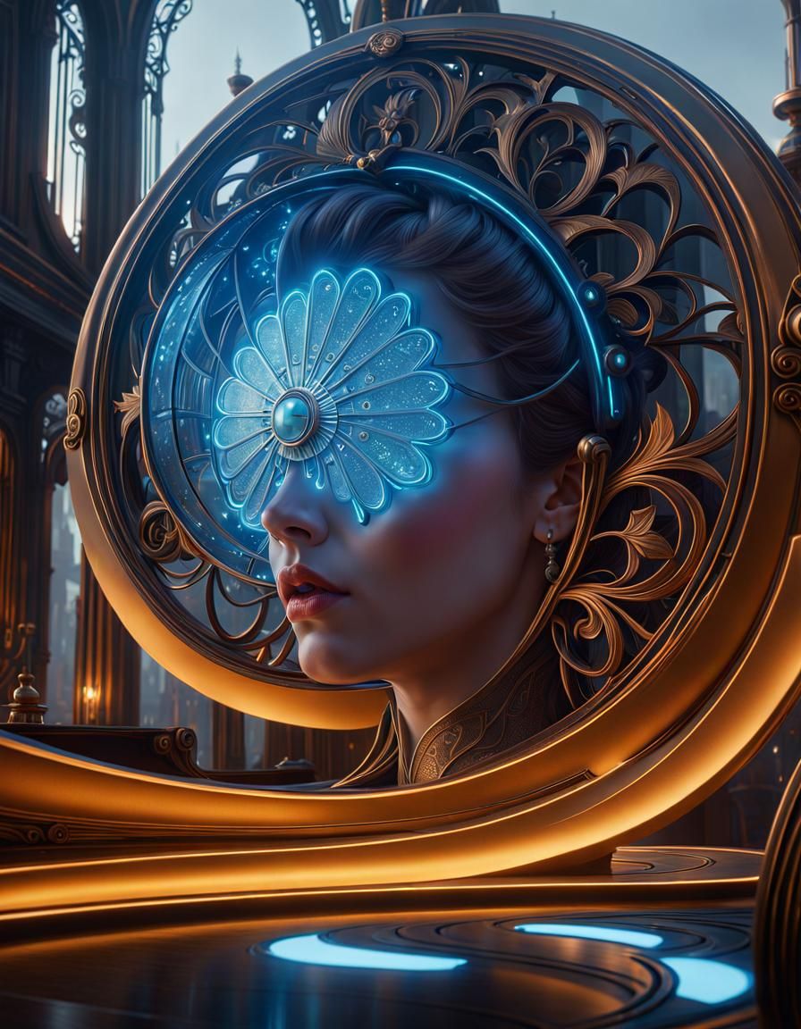 Dystopian Art Nouveau Scene in Hyperrealism